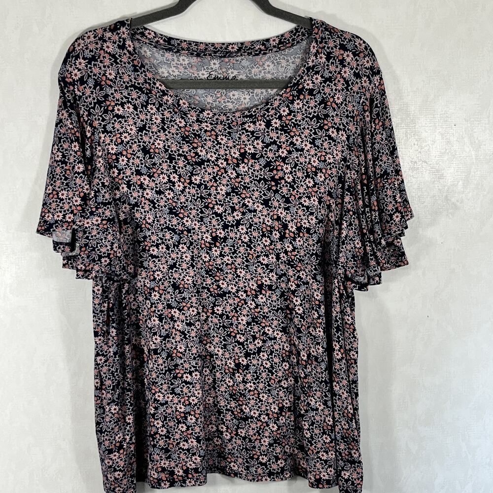 Emma Woman's Plus Size Stretch Knit Tunic Blouse Floral Design Ruffled Sleeve